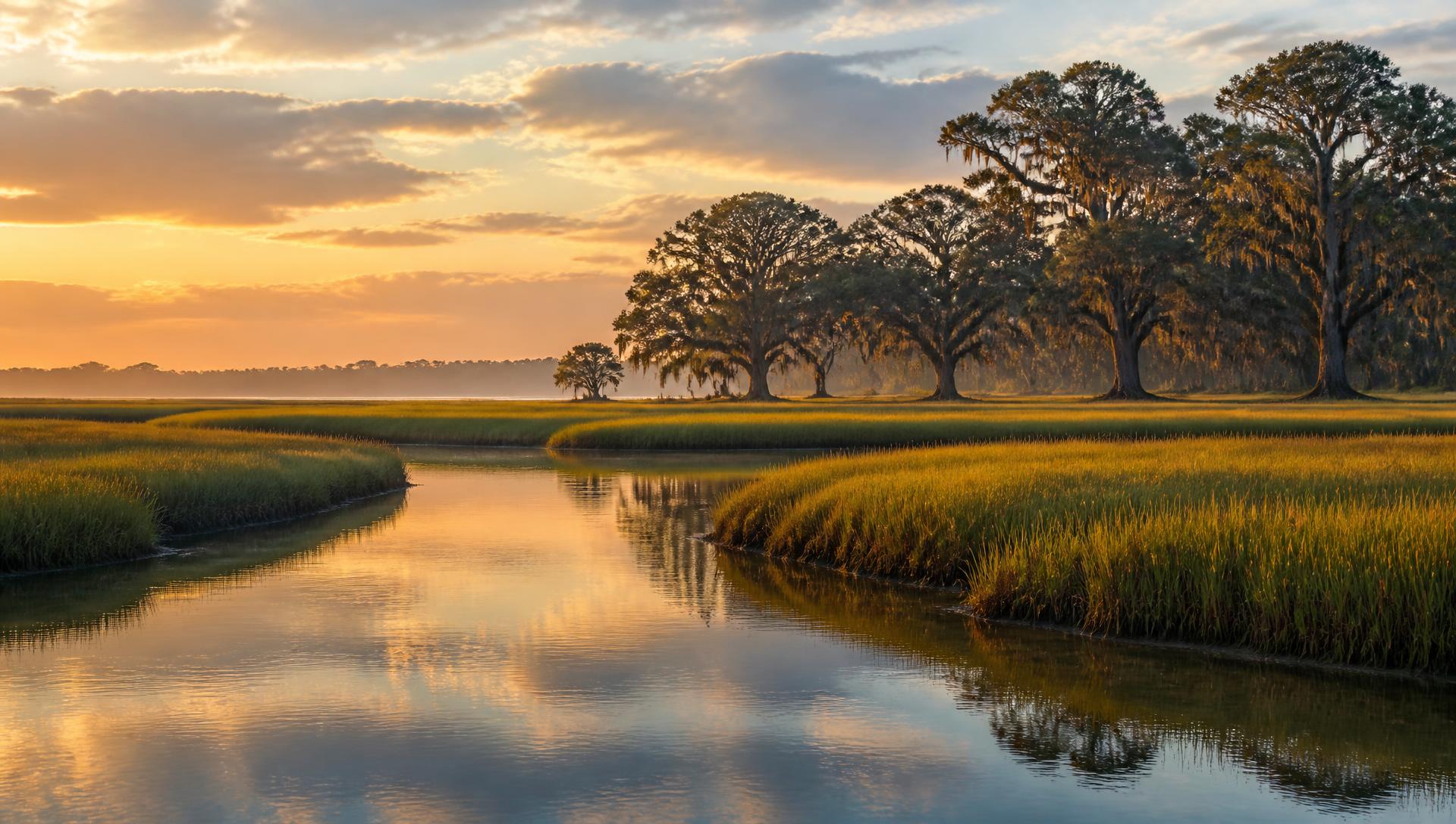 Sunset over a Lowcountry salt marsh with live oaks in the distance